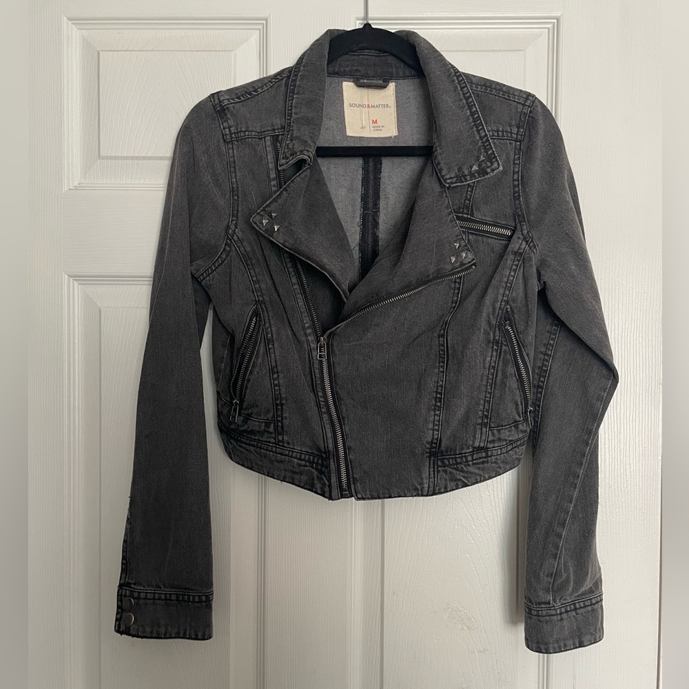 Sound & Matter Distressed Black cropped jean jacket with studs